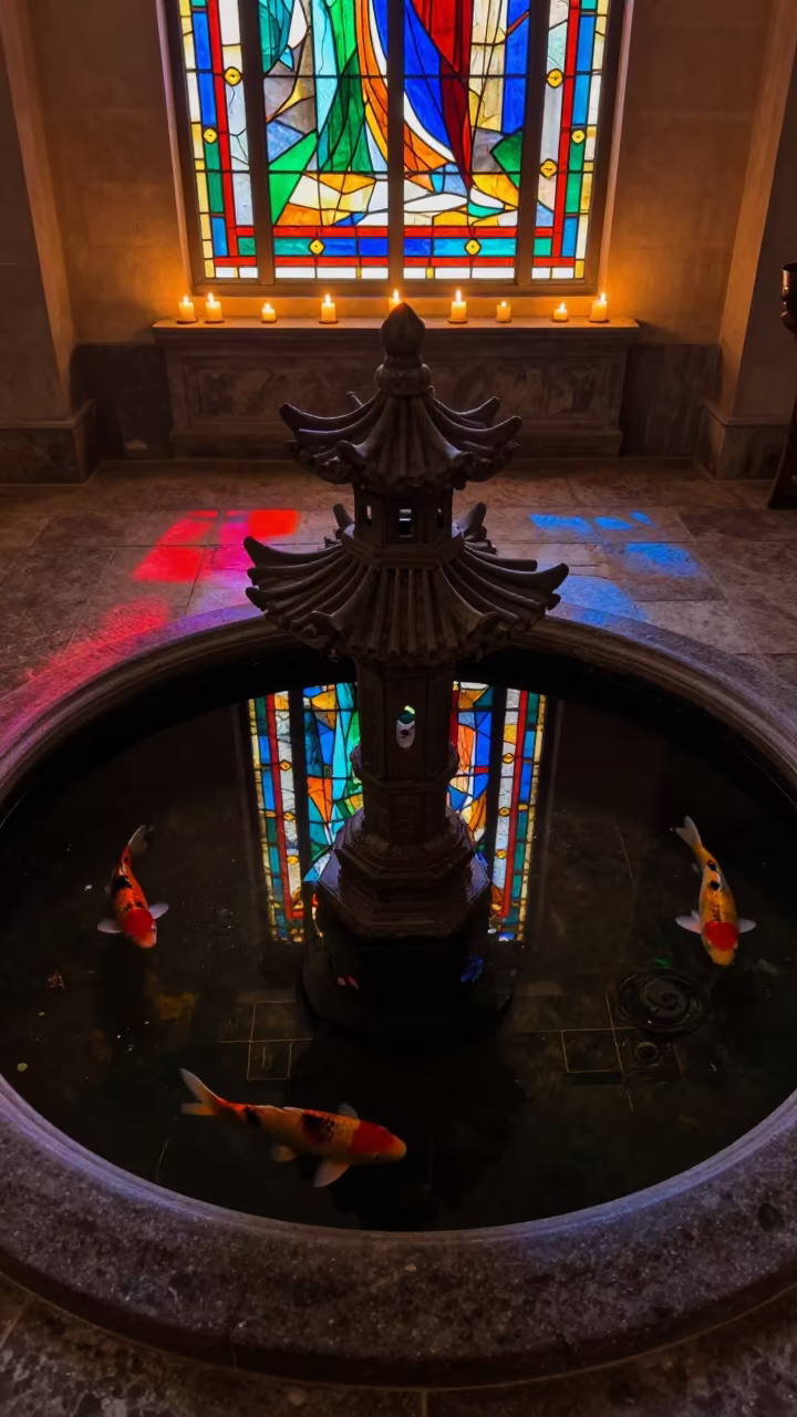 Koi Pond Pagoda Reflection Temple Garden in in a chapel lit by stained glass in Kokand