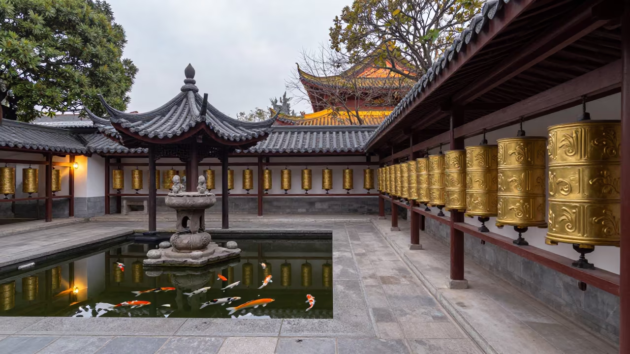 Koi Pond Reflecting Pagoda Eave Temple Garden in beside a prayer wheel corridor in Los Guayos