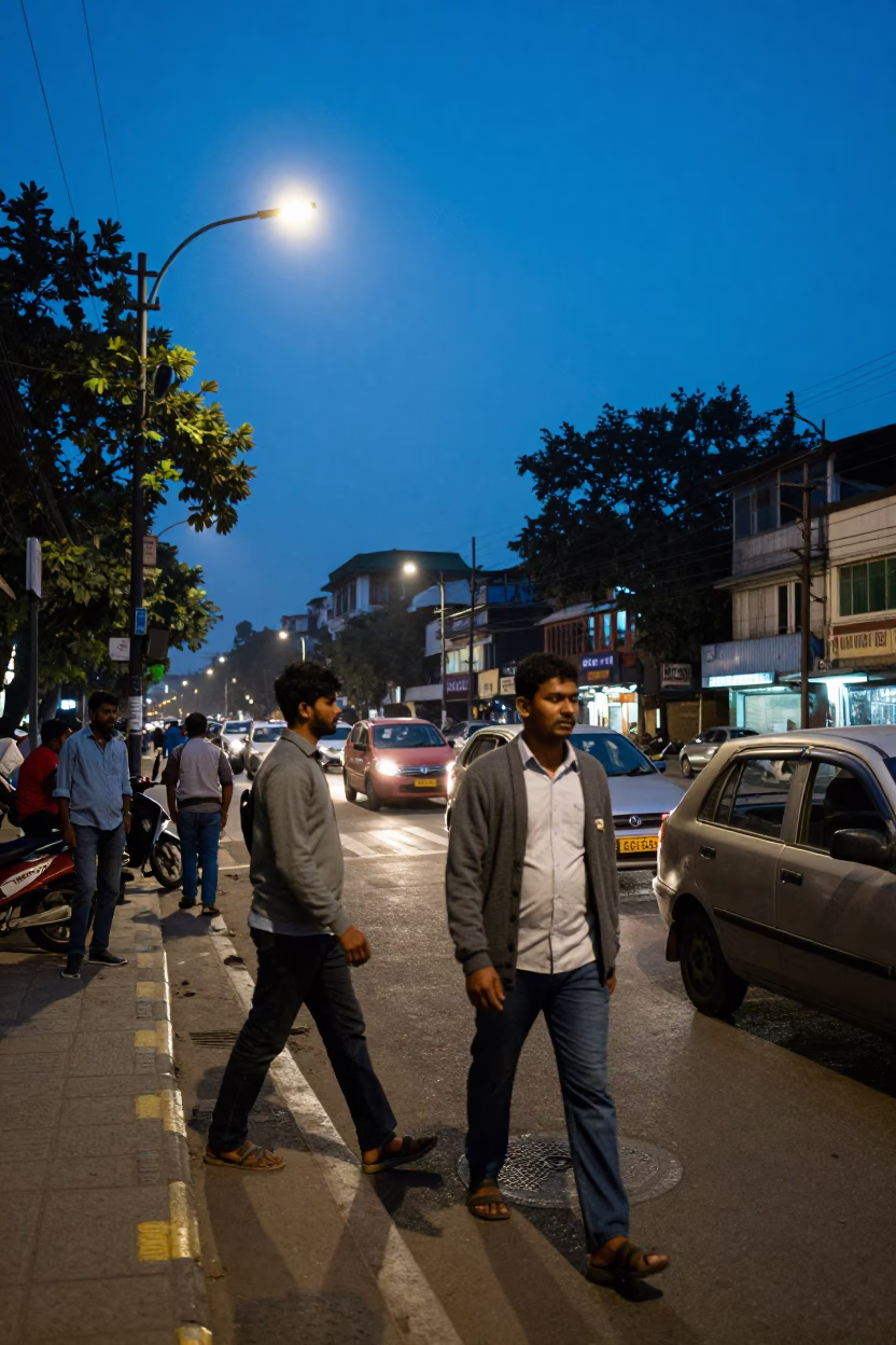Kolkata Blue Hour Street Scene with Cardigan Wearing Pedestrians and Auto Rickshaws in in Kolkata, India
