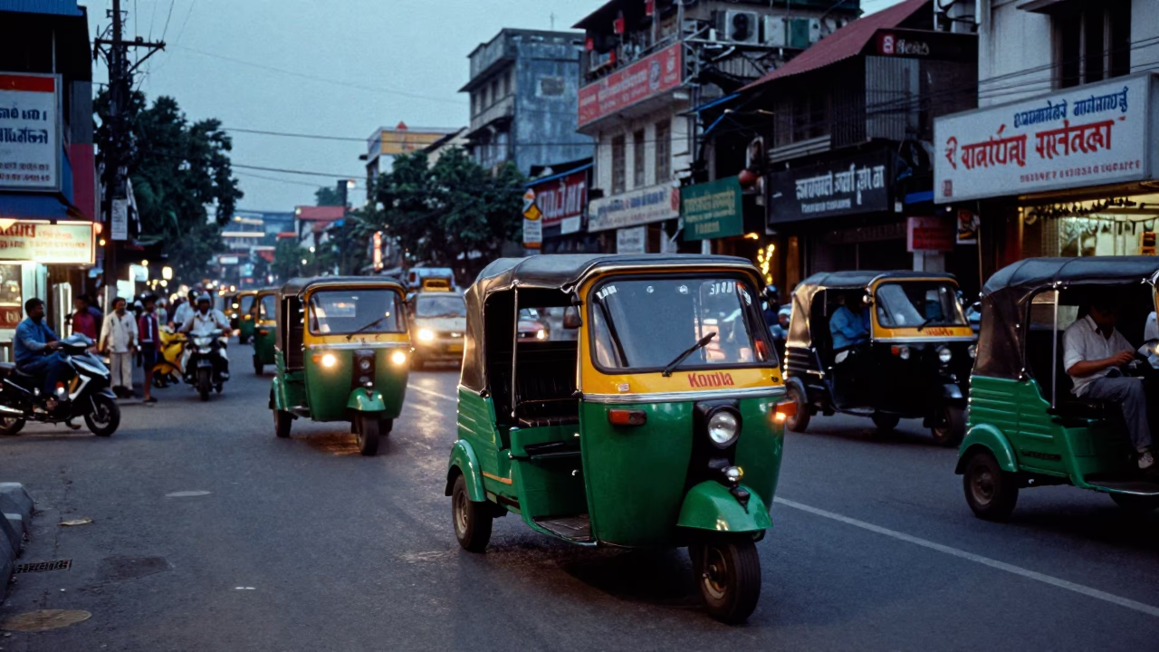 Kolkata Blue Hour Street Scene with Colorful Auto Rickshaw and Urban Life in in Kolkata, India