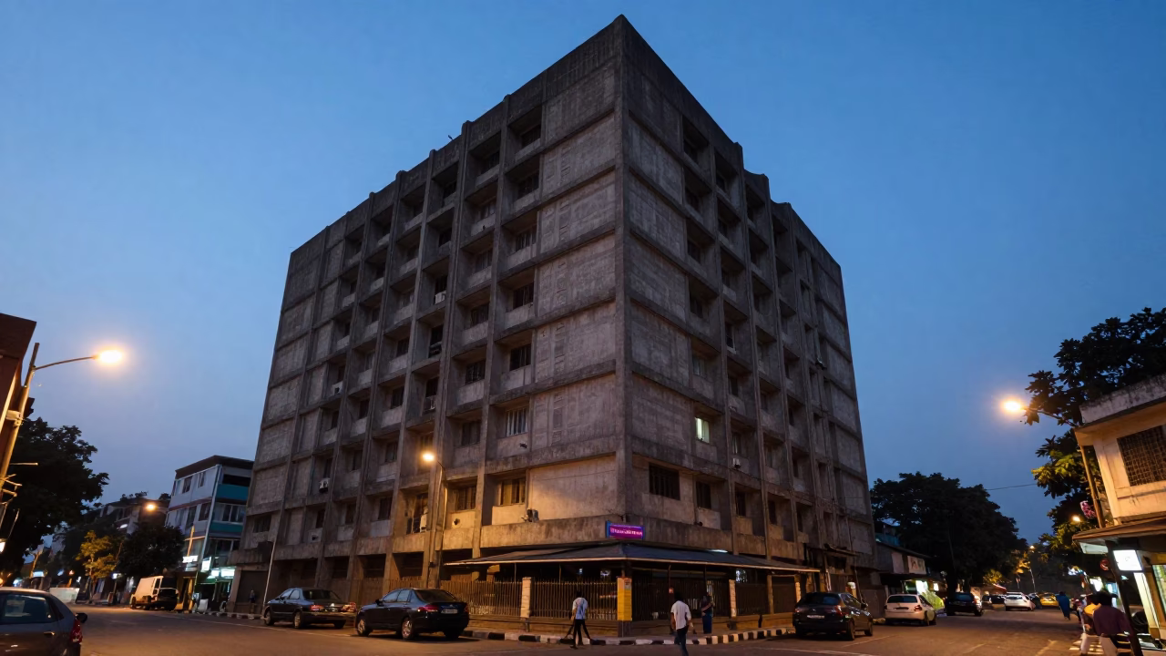 Kolkata Blue Hour Street Scene with Concrete Architecture and Local Life in in Kolkata, India