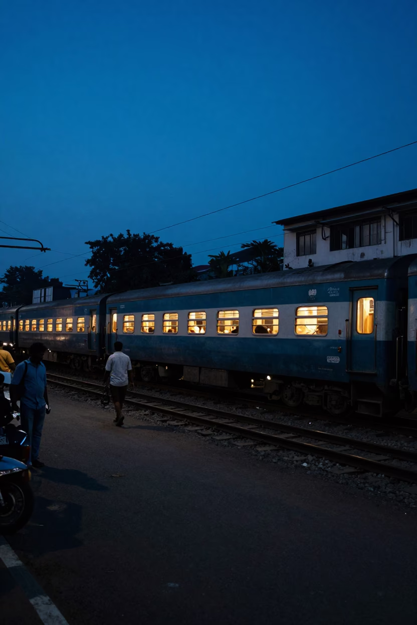 Kolkata Blue Hour Street Scene with Lit Train Windows Crossing Dark Bridge in in Kolkata, India