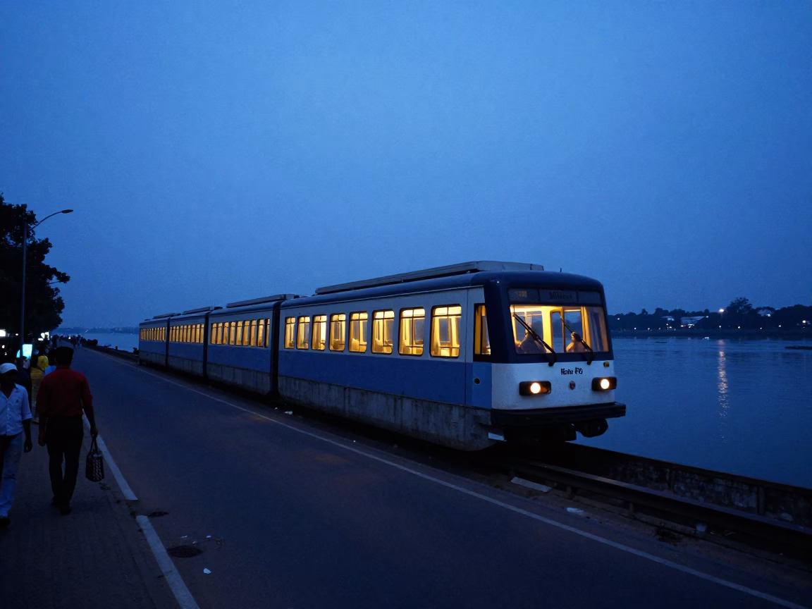 Kolkata Blue Hour Street Scene with Monorail and River in in Kolkata, India