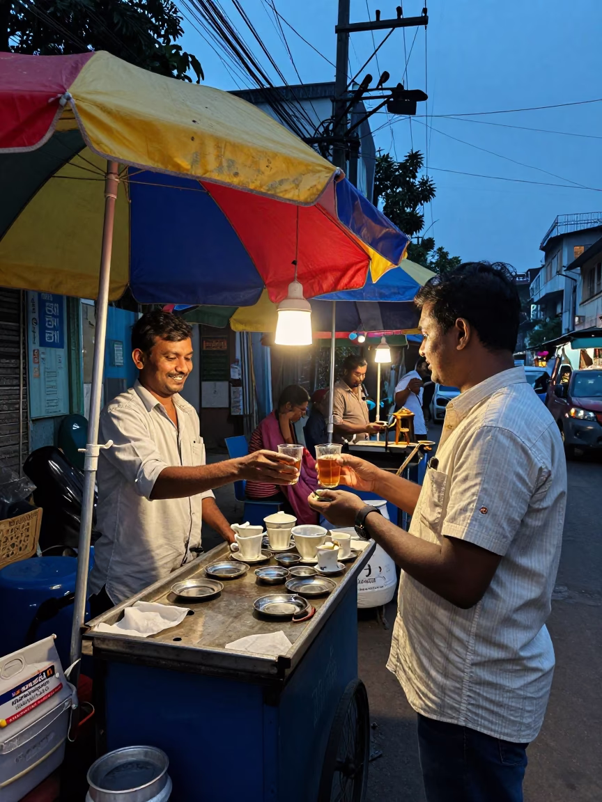 Kolkata Blue Hour Street Scene with Tea Vendor and Colorful Umbrellas in in Kolkata, India