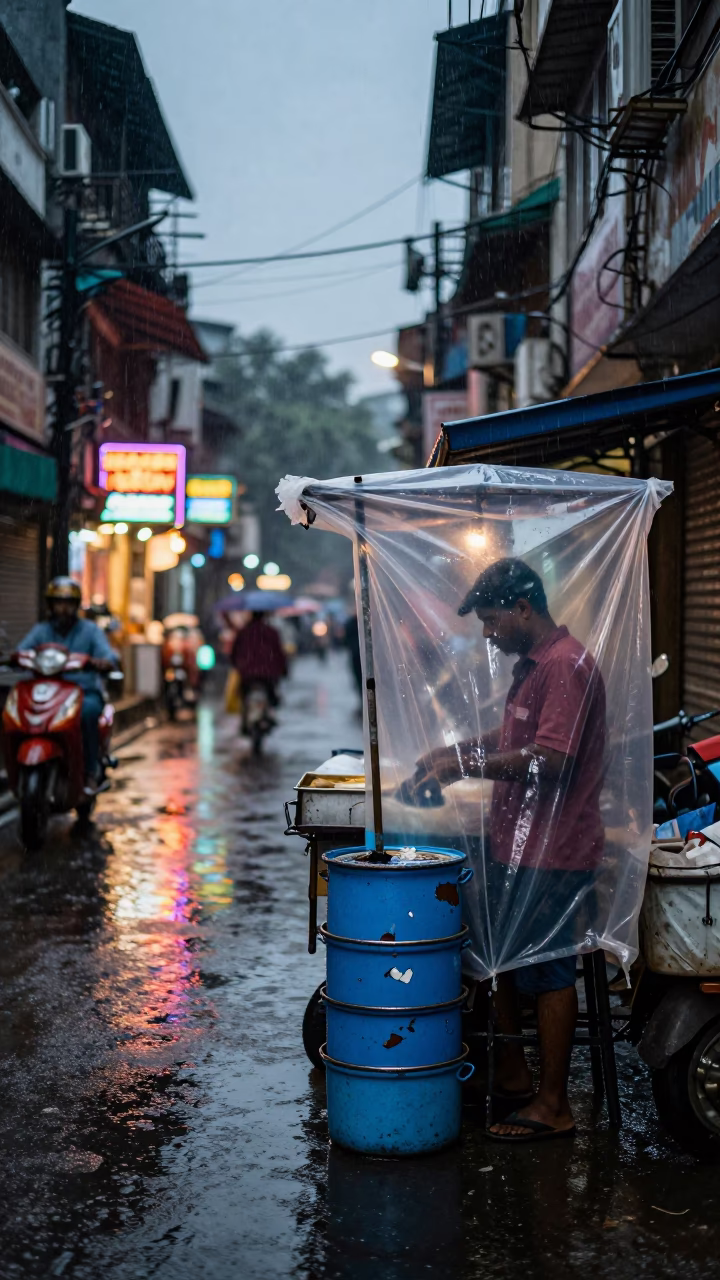 Kolkata Dusk Rain Street Vendor Selling Chipped Blue Enamel Pots in in Kolkata, India