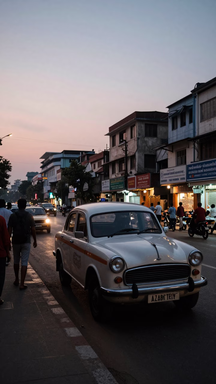 Kolkata Early Evening Street Scene with Vintage Car and Local Life in in Kolkata, India
