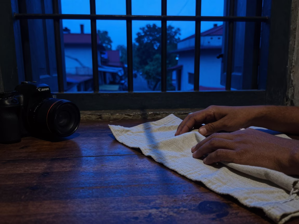 Kolkata Evening Interior with Hands and Linen Texture in in Kolkata, India