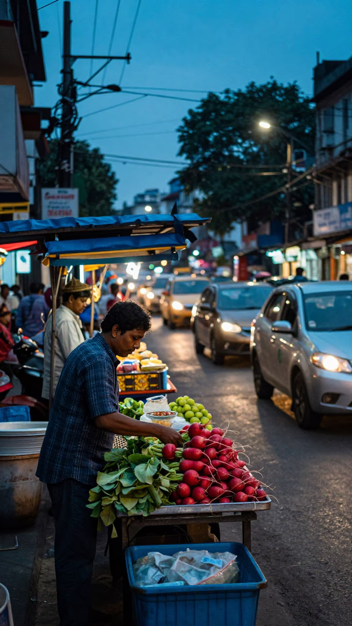 Kolkata Evening Street Scene with Food Vendors and Traffic in in Kolkata, India