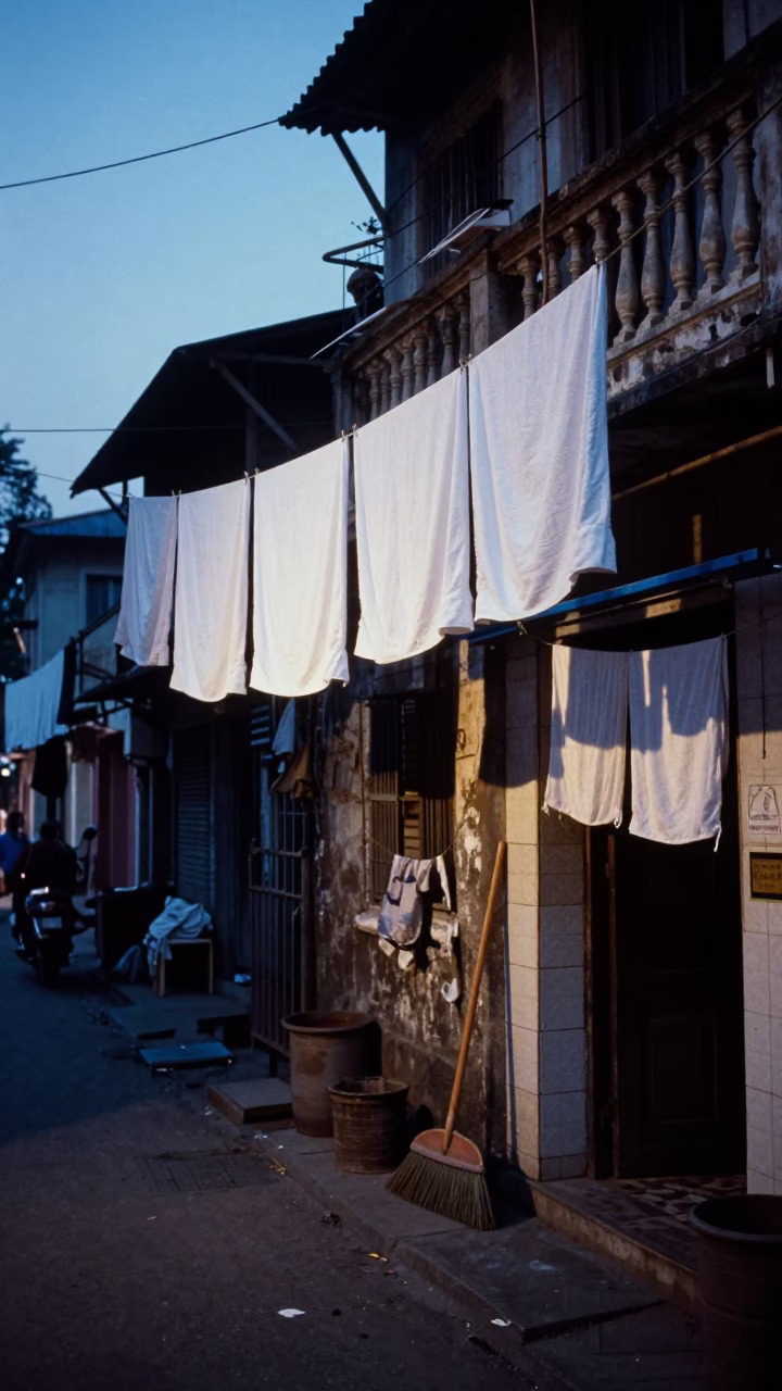 Kolkata Evening Street Scene with Hanging Laundry and Local Transit in in Kolkata, India