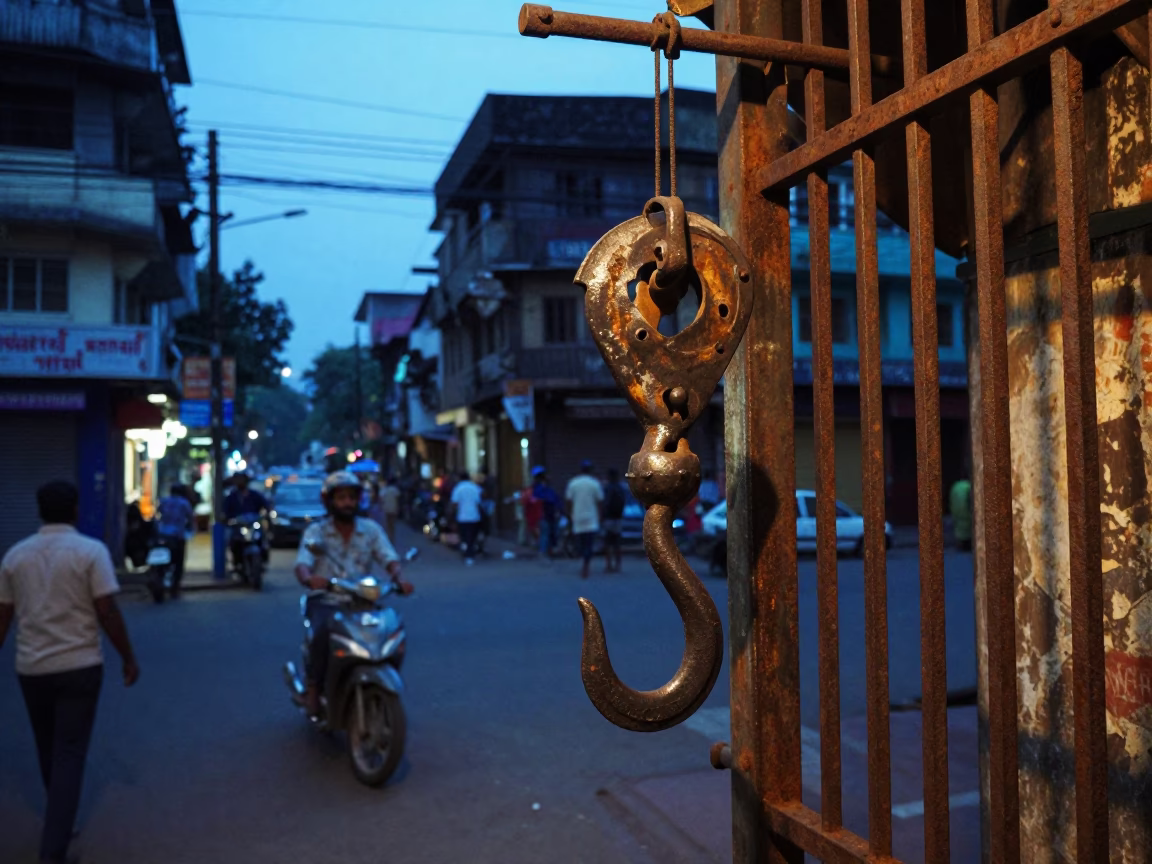 Kolkata Evening Street Scene with Iron Hook and Urban Life in Blue Hour in in Kolkata, India