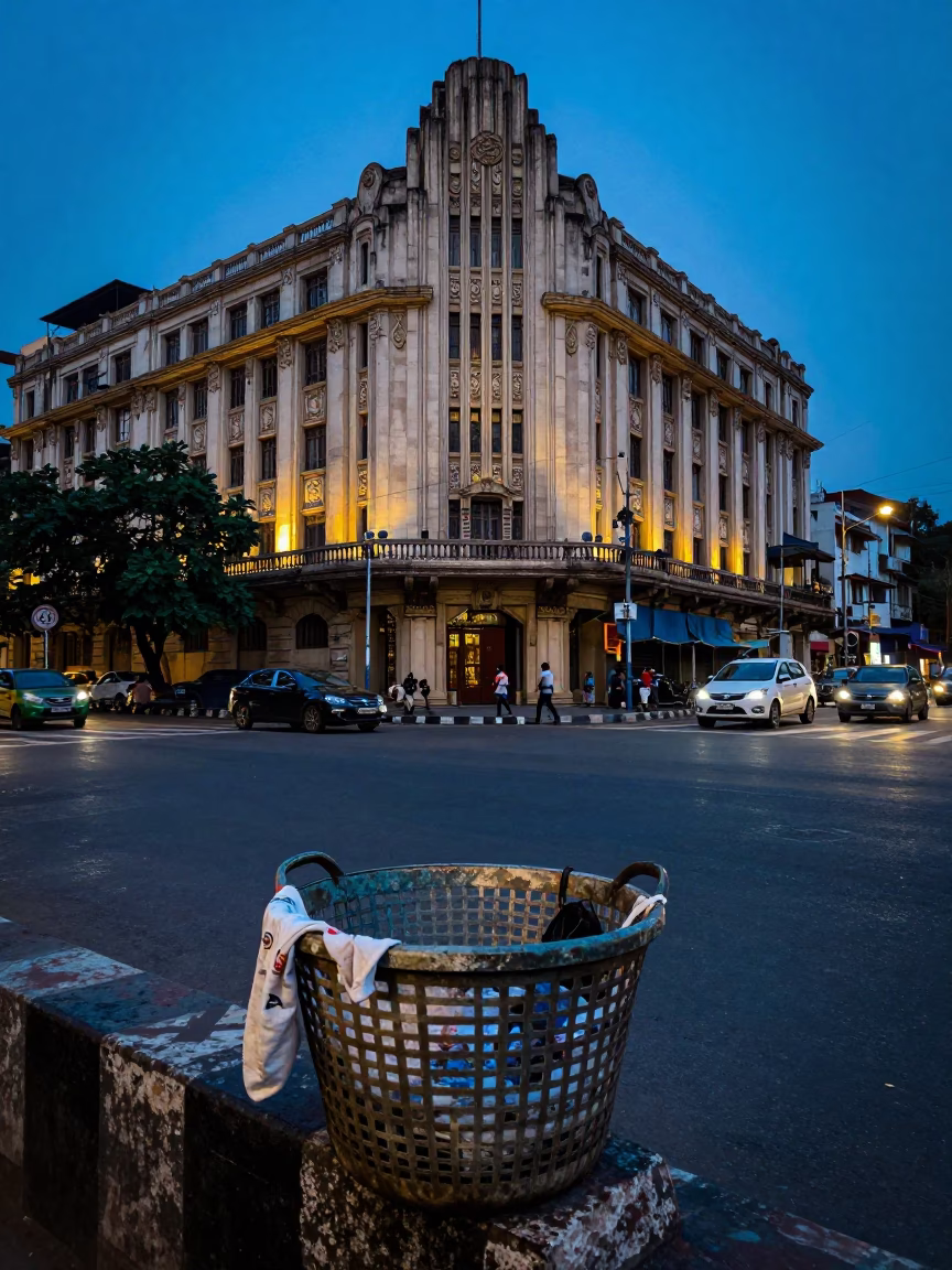 Kolkata Evening Street Scene with Laundry Basket and Art Deco Hotel Facade in in Kolkata, India