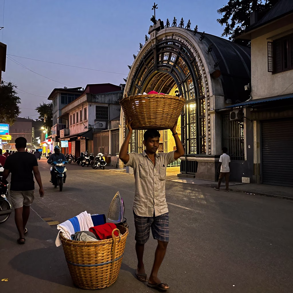 Kolkata Evening Street Scene with Laundry Basket and Iron Architecture Under Glowing City Lights in in Kolkata, India