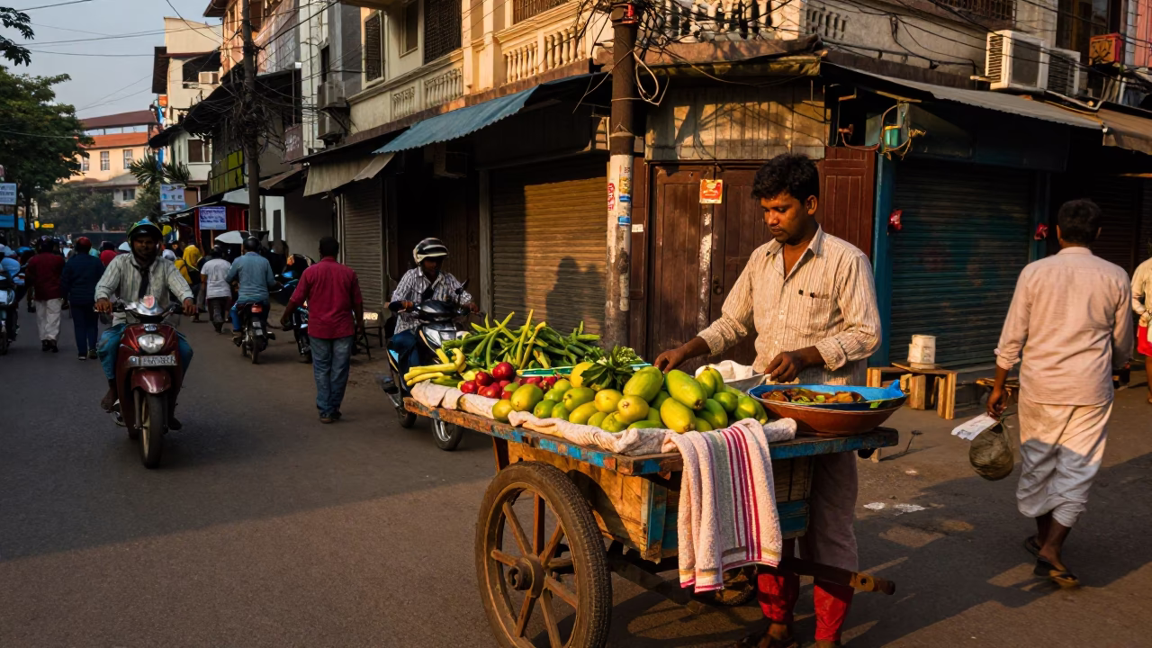 Kolkata Evening Street Scene with Local Vendor and Traditional Elements in in Kolkata, India