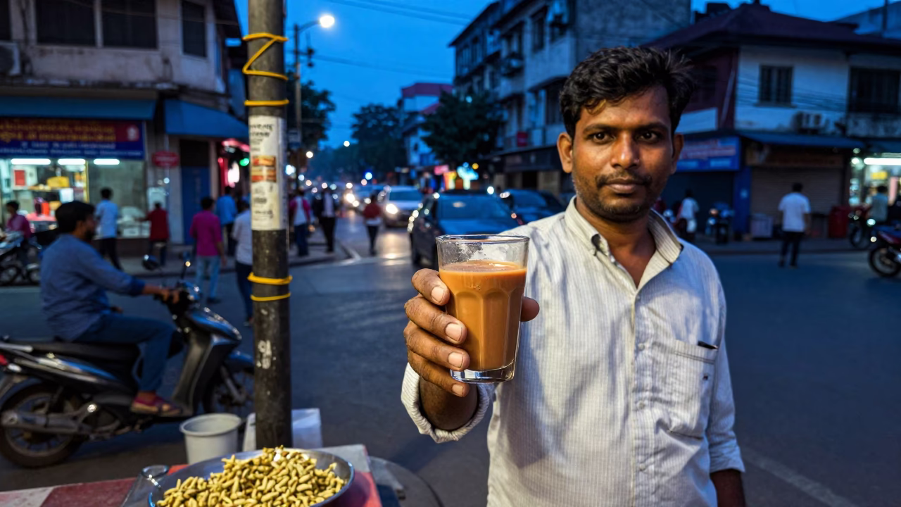 Kolkata Evening Street Scene with Masala Chai and String Lights in Blue Hour in in Kolkata, India