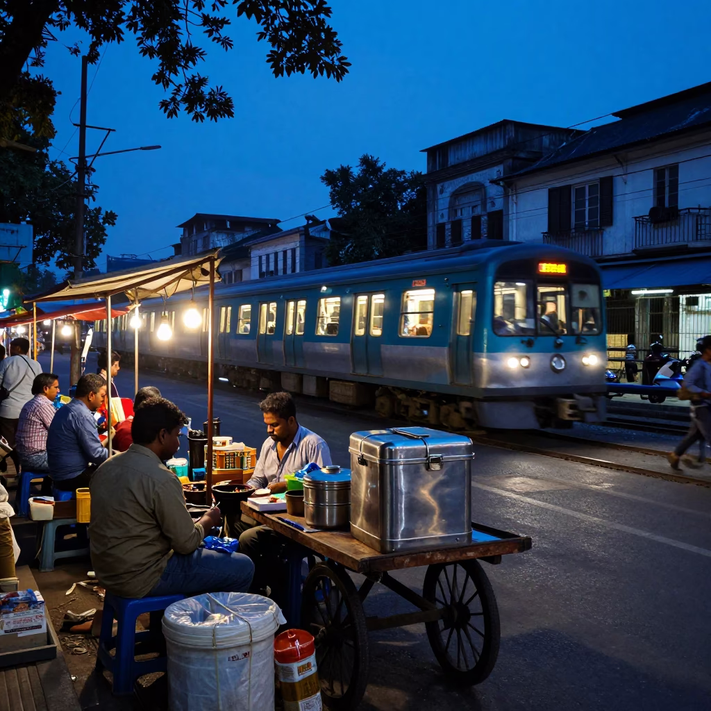 Kolkata Evening Street Scene with Metro Train and Local Commerce in in Kolkata, India