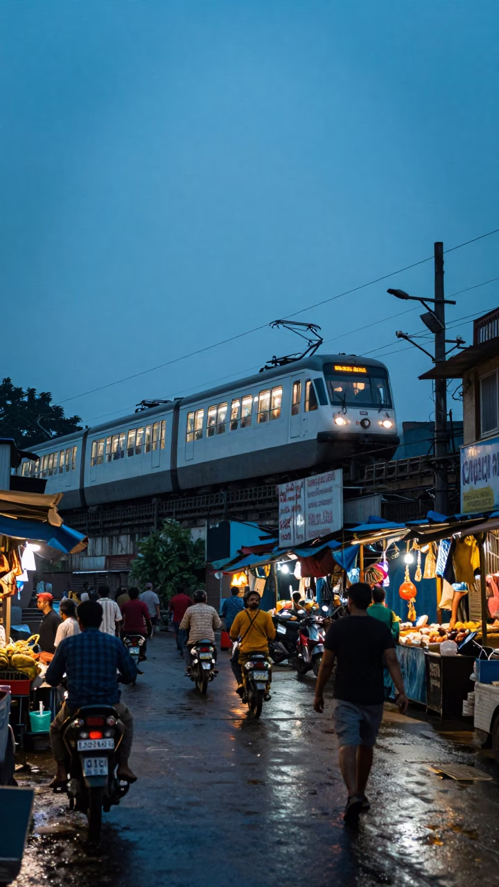 Kolkata Evening Street Scene with Monorail and Local Market Activity in in Kolkata, India