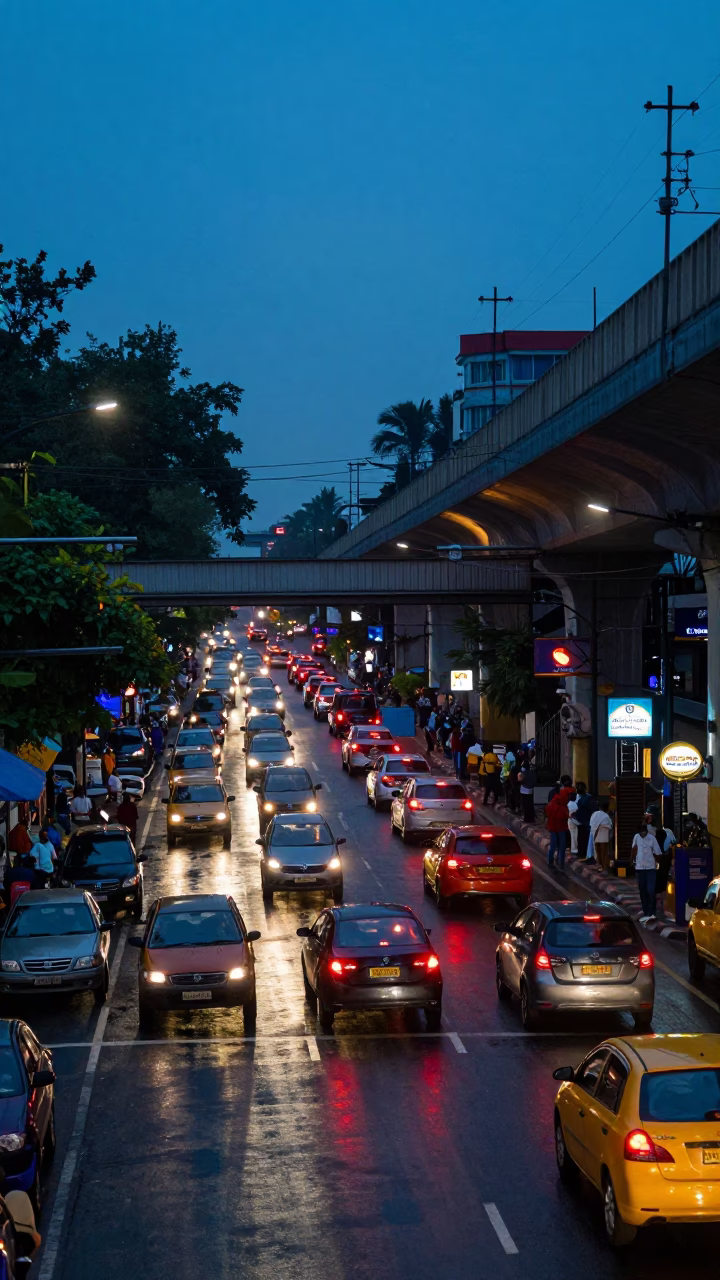 Kolkata Evening Street Scene with Overpass Taillights and Colorful Zinnias in in Kolkata, India