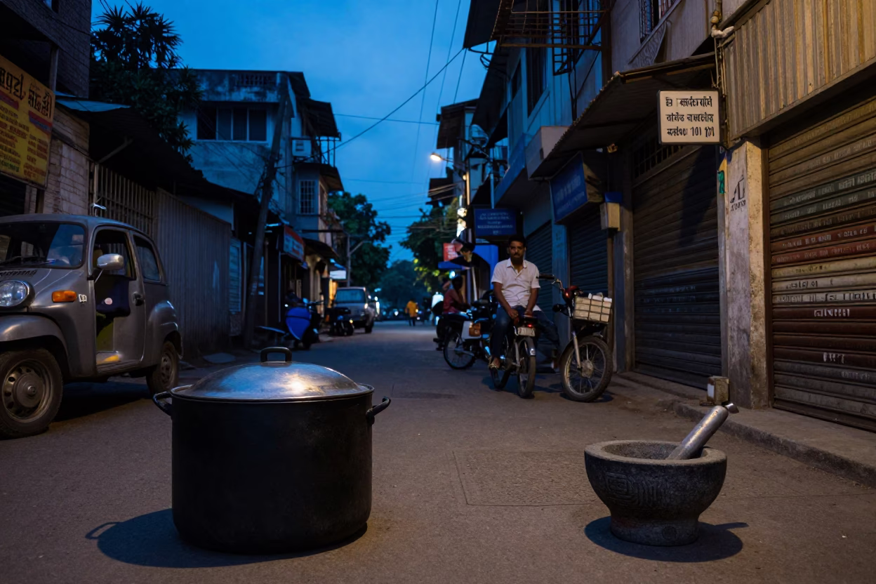 Kolkata Evening Street Scene with Pot Lid and Mortar Pestle in Blue Hour Light in in Kolkata, India