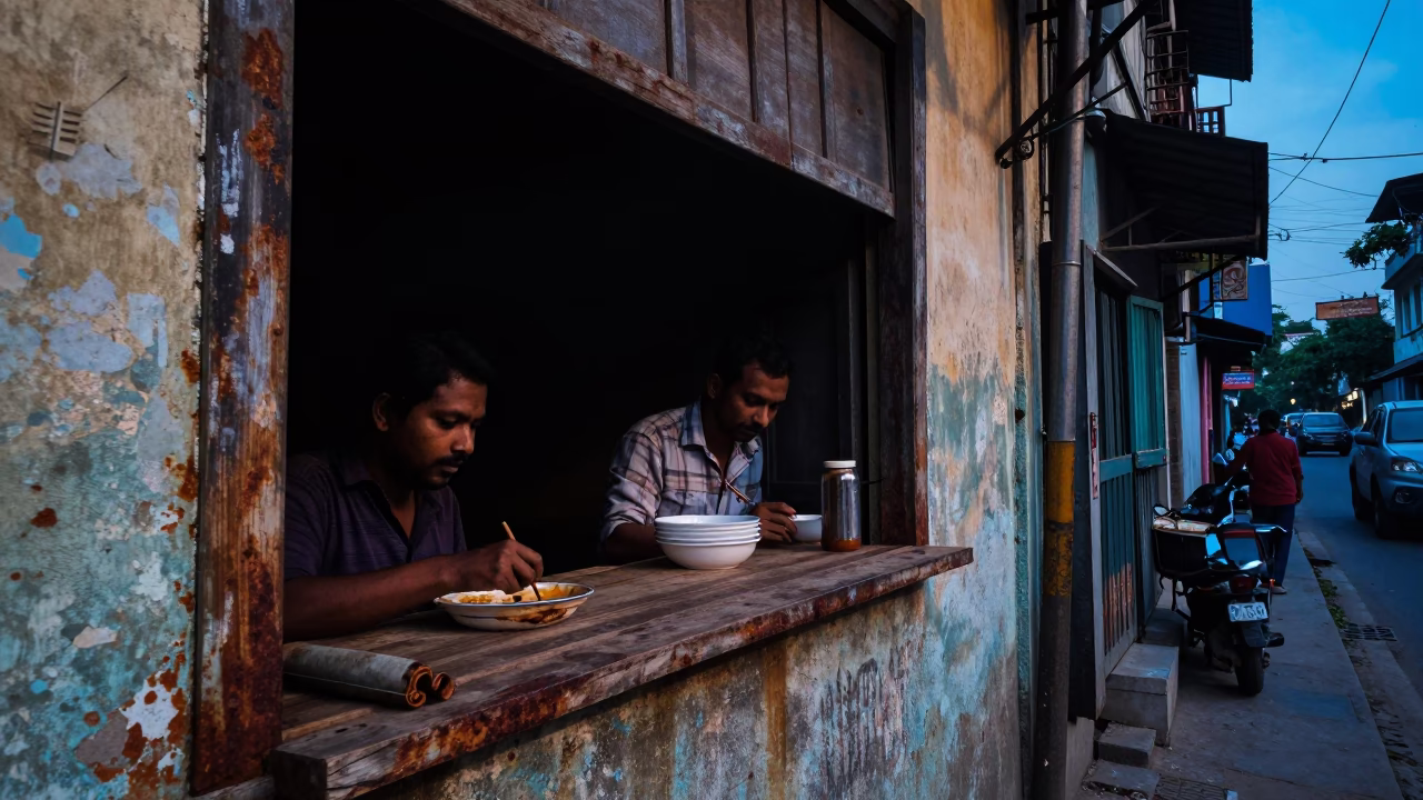 Kolkata Evening Street Scene with Rusty Window Sill and Chalkboard Lesson in in Kolkata, India