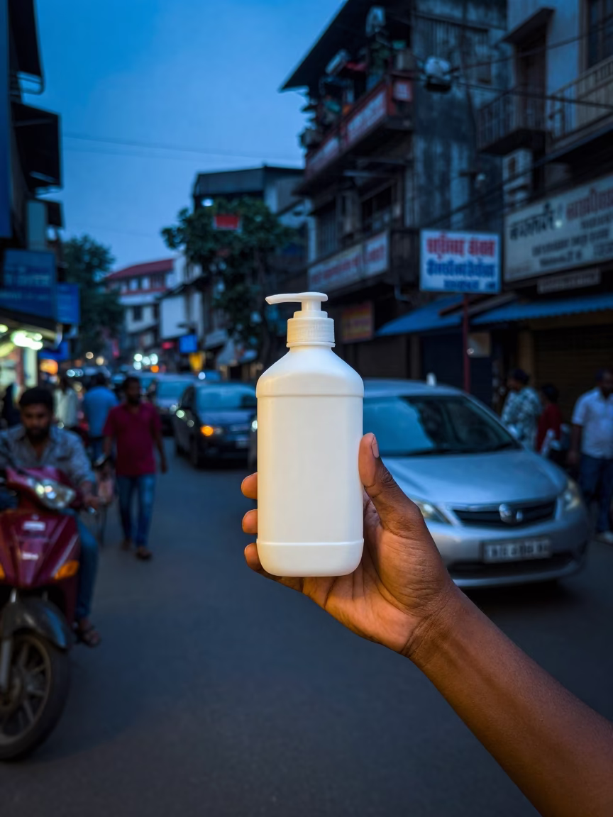 Kolkata Evening Street Scene with Soap Bottle and Serving Platter in in Kolkata, India