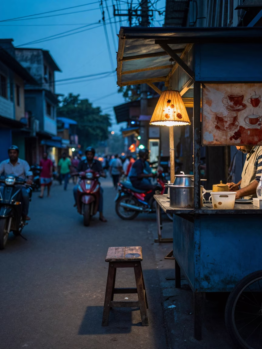Kolkata Evening Street Scene with Tea Stains and Lampshade in Blue Hour in in Kolkata, India