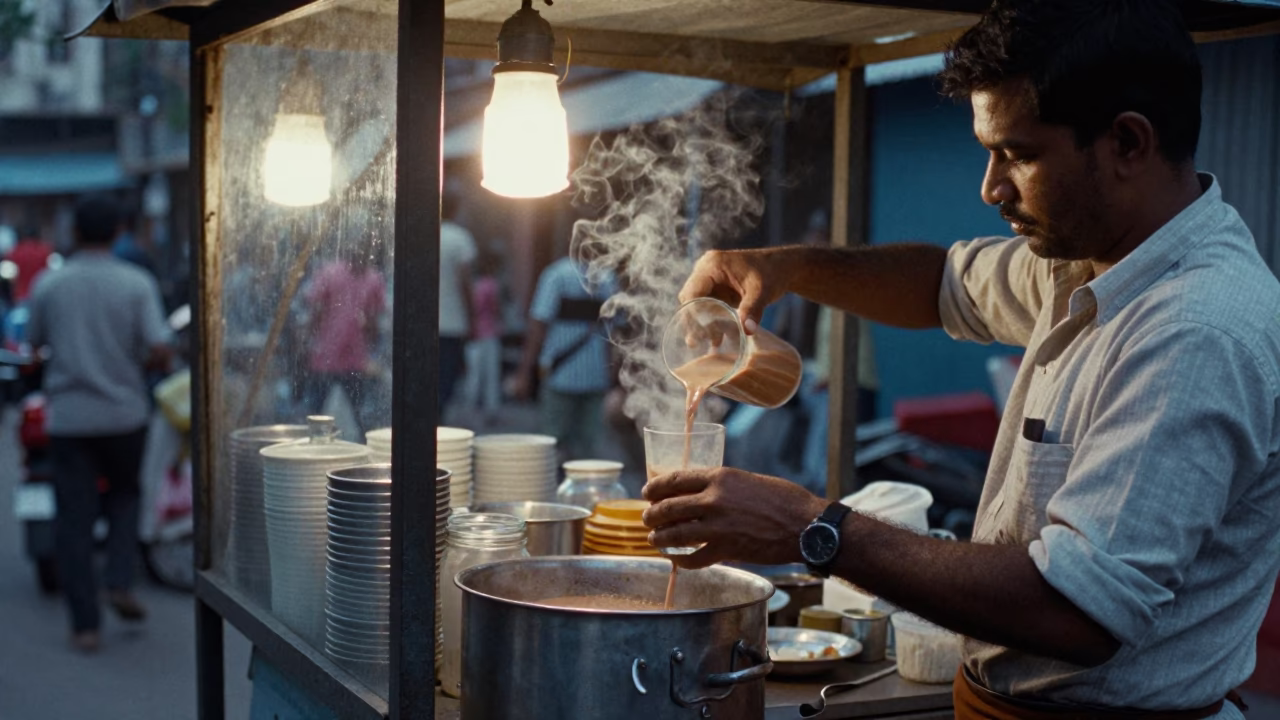 Kolkata Food Stall at As First Light Reaches The Scene in in Kolkata, India