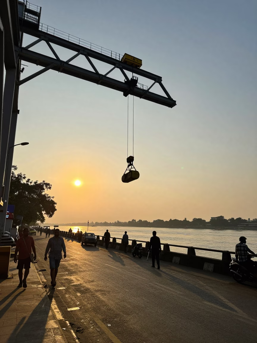 Kolkata Golden Hour Street Scene with Bridge Maintenance Cradle Over Hooghly River in in Kolkata, India
