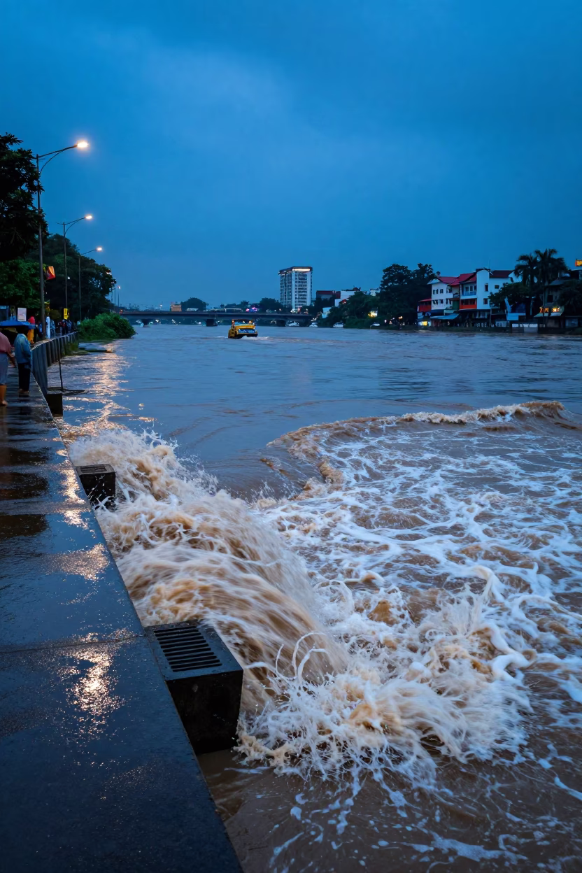Kolkata India Blue Hour Street Scene Storm Drain Outfall Swollen River Urban Life in in Kolkata, India