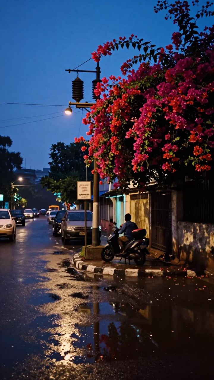 Kolkata India Blue Hour Street Scene with Bougainvillea and Substation Road Puddles in in Kolkata, India
