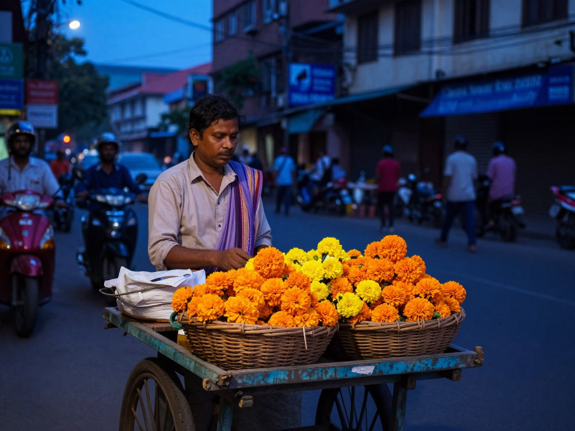 Kolkata India Blue Hour Street Scene with Florist and Wicker Basket in in Kolkata, India