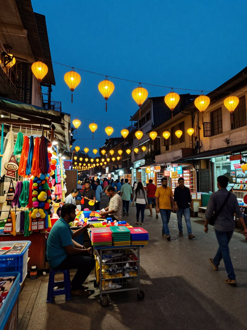 Kolkata India Blue Hour Street Scene with Lanterns and Evening Activity in in Kolkata, India