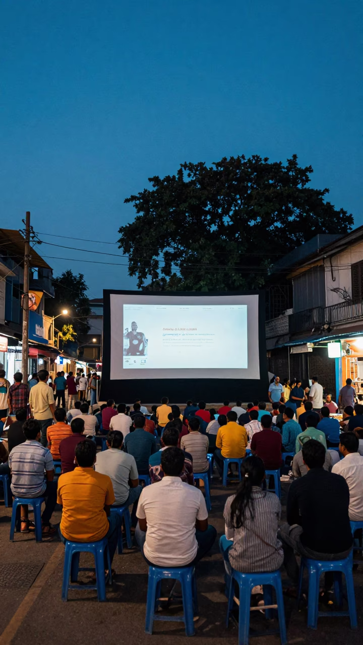 Kolkata India Blue Hour Street Scene with Outdoor Cinema and Local Life in in Kolkata, India