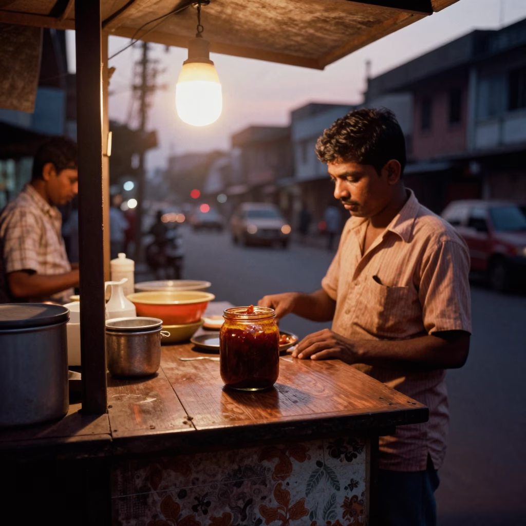 Kolkata India Copper Dusk Street Scene with Jam Jar and Spool Box in in Kolkata, India
