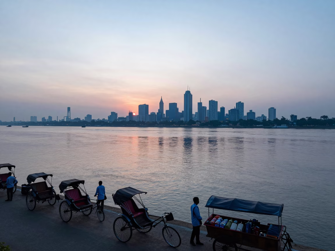 Kolkata India Dawn Skyline with Rickshaw and Street Vendors at First Light in in Kolkata, India