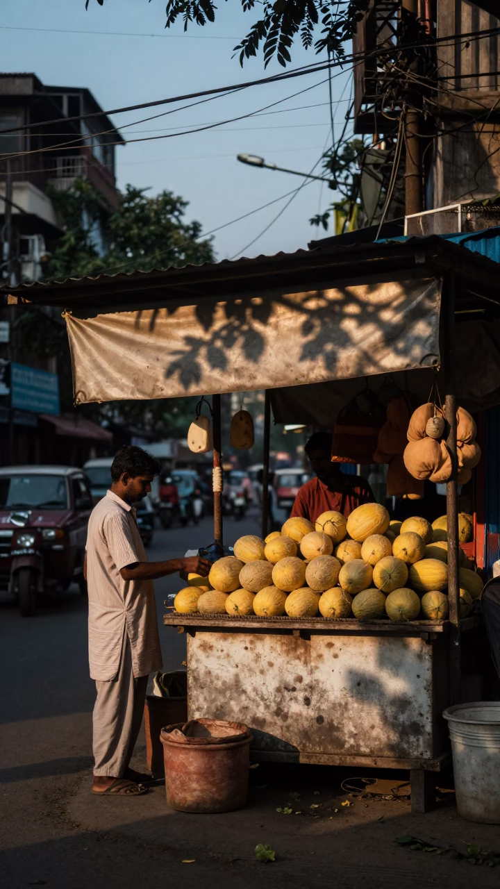Kolkata India Early Evening Street Scene with Shopkeeper and Melons in in Kolkata, India