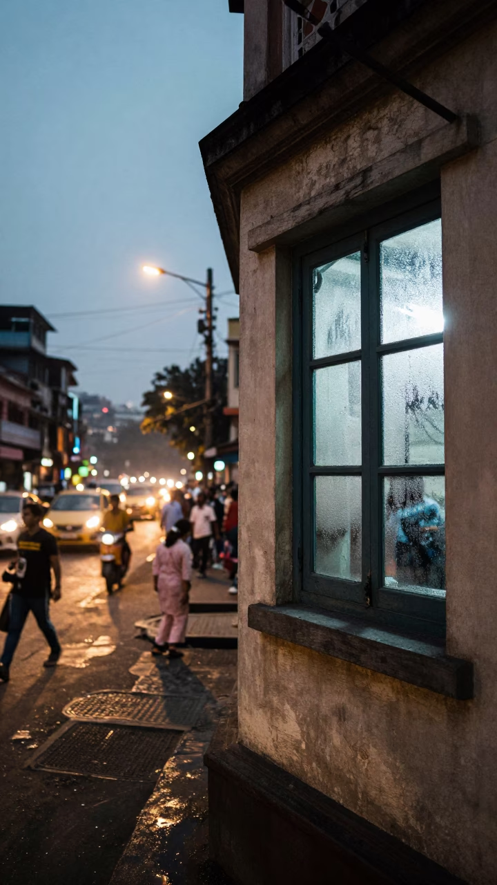 Kolkata India Evening Street Scene with Condensation and Classroom Window View in in Kolkata, India