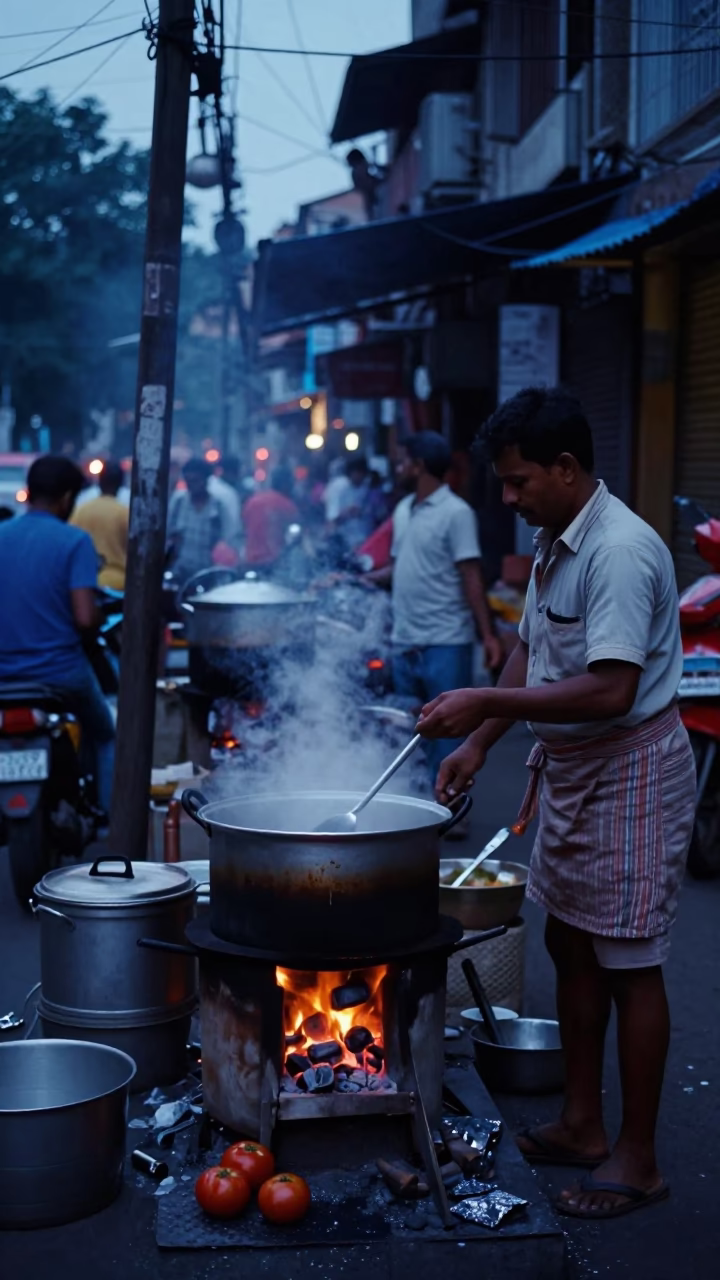 Kolkata India Evening Street Scene with Cooking Pot and Tomatoes in Blue Light in in Kolkata, India