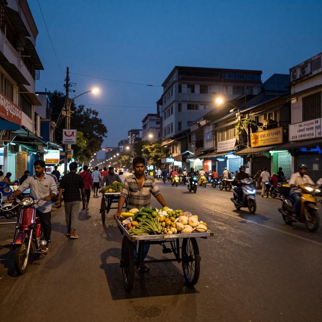 Kolkata India Evening Street Scene with Rolling Carts and City Lights in in Kolkata, India