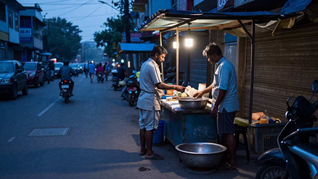 Kolkata India Evening Street Scene with Tea Stains and Urban Life in in Kolkata, India