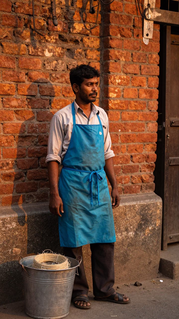 Kolkata India Evening Street Scene with Vendor Apron and Twine Bucket in in Kolkata, India
