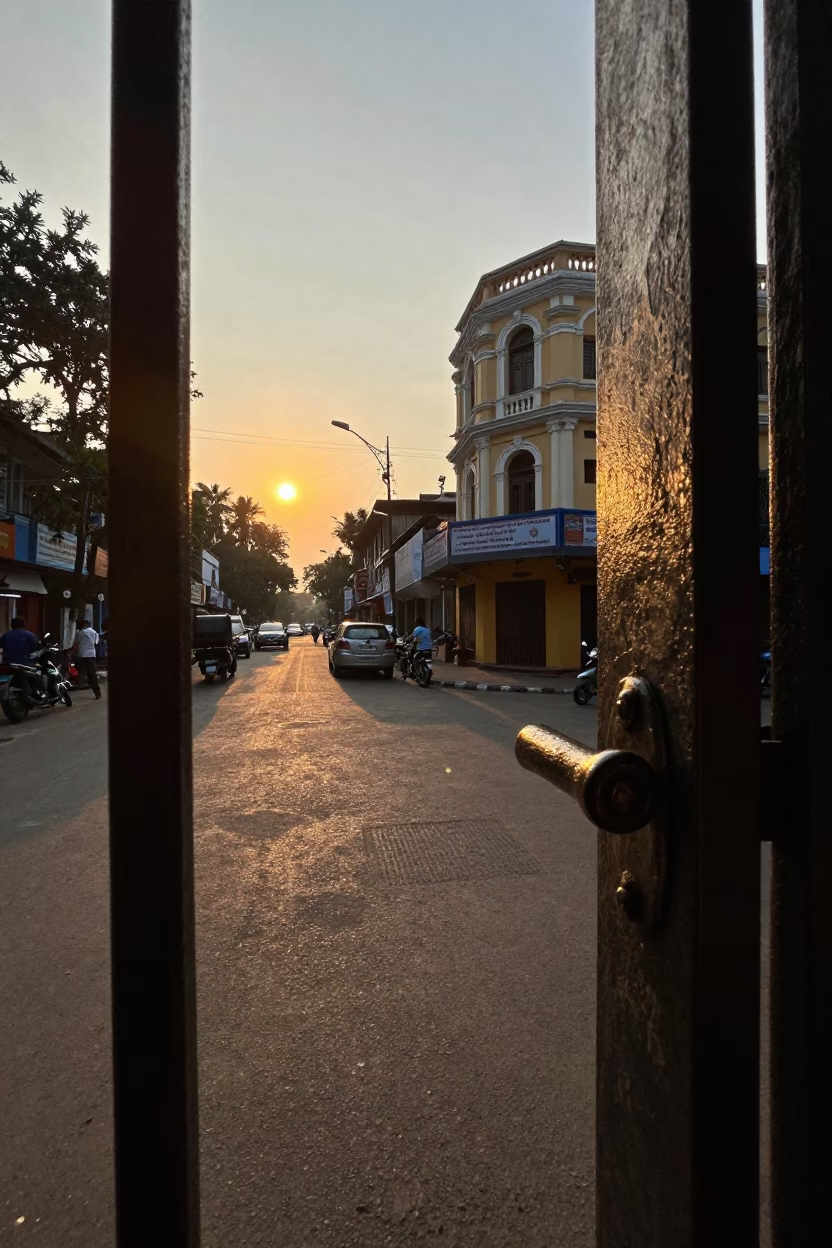 Kolkata India Golden Hour Street Scene with Gate Handle and Local Architecture in in Kolkata, India
