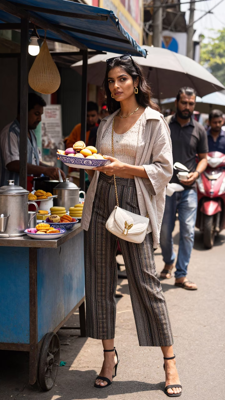 Kolkata India High Fashion Midmorning Street Style with Utensil Crock and Pastries in in Kolkata, India