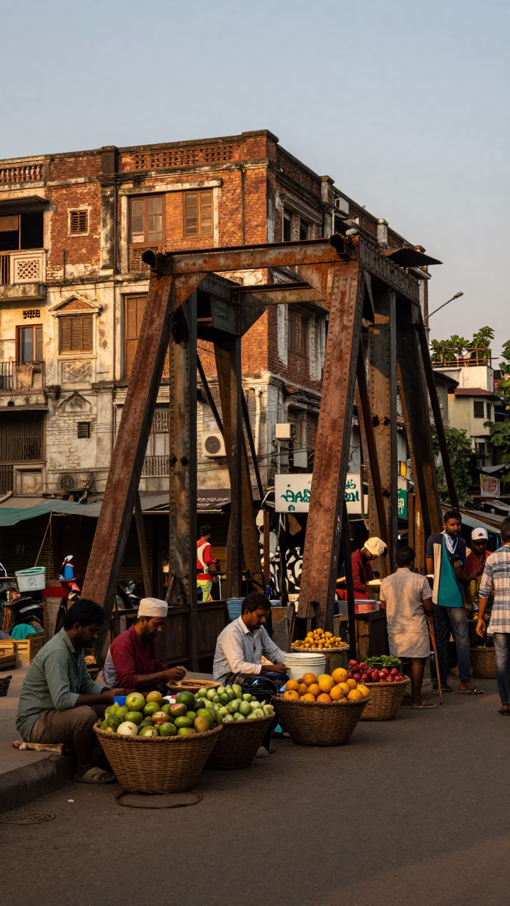 Kolkata India Honeyed Evening Street Scene with Rusted Drawbridge and Local Life in in Kolkata, India