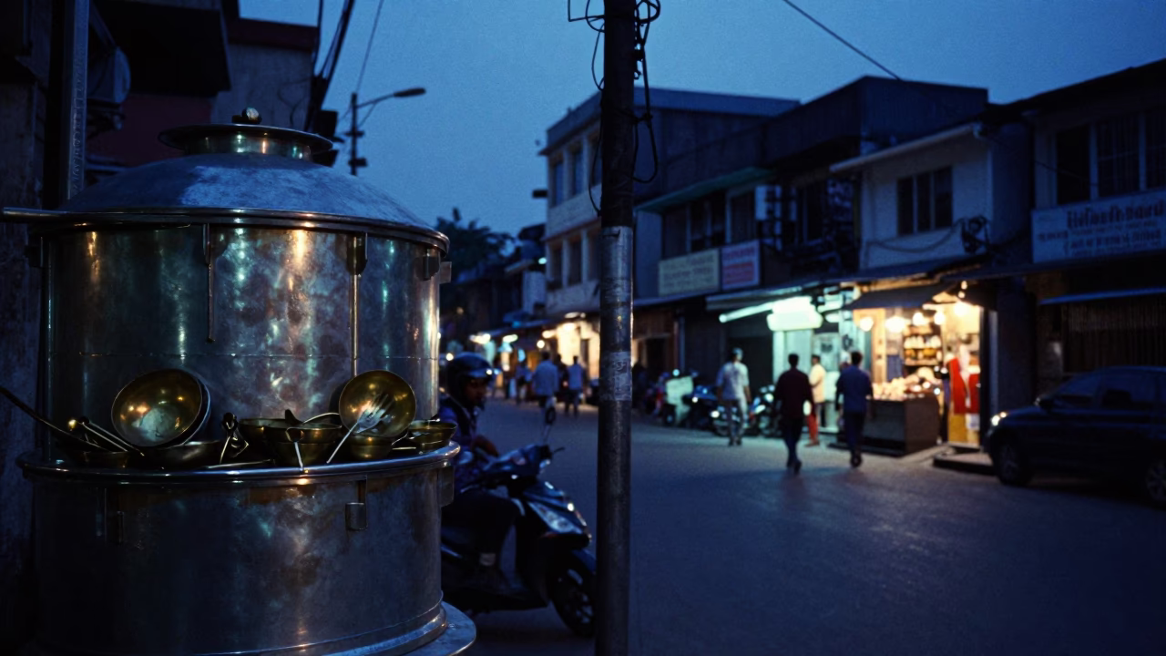 Kolkata India indigo twilight street scene with brass utensils and local commerce in in Kolkata, India