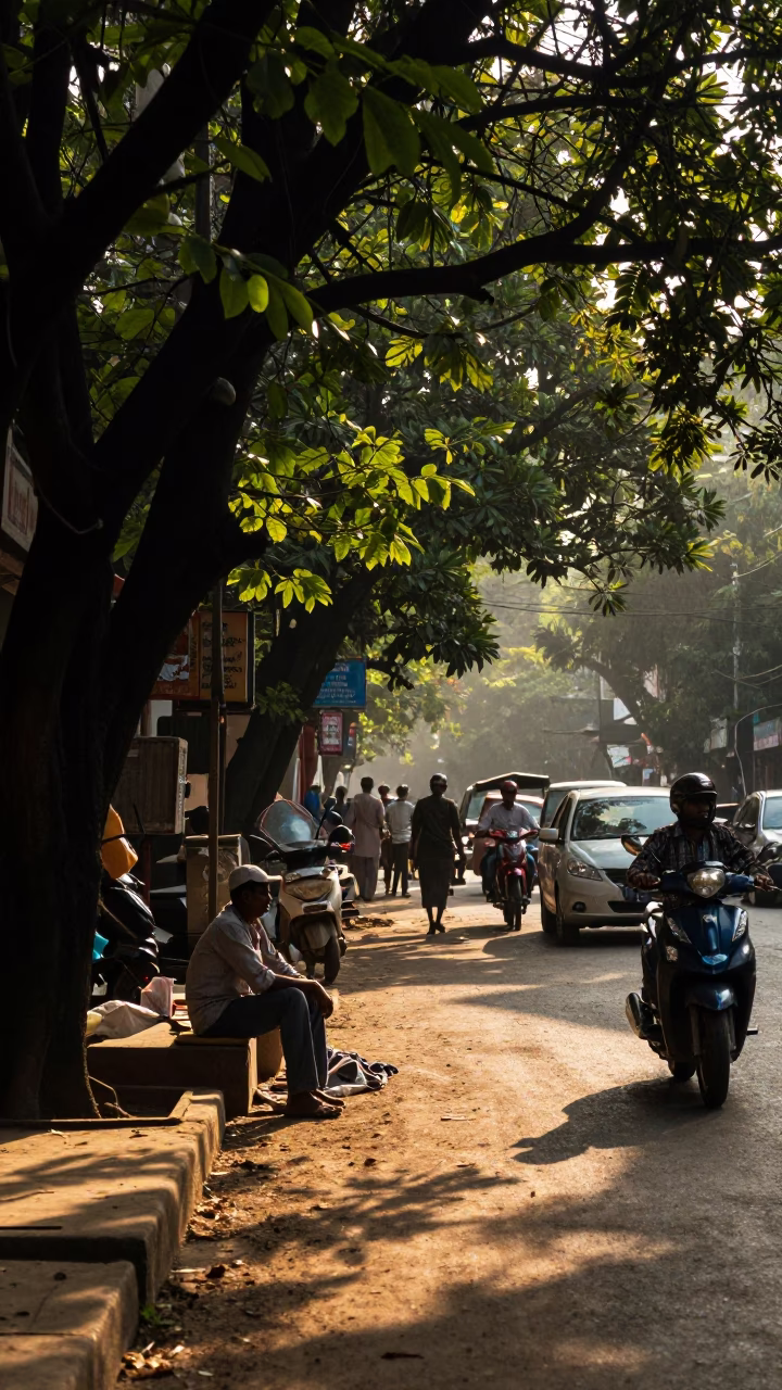 Kolkata India Late Afternoon Street Scene with Tamarind Tree and Broom in in Kolkata, India