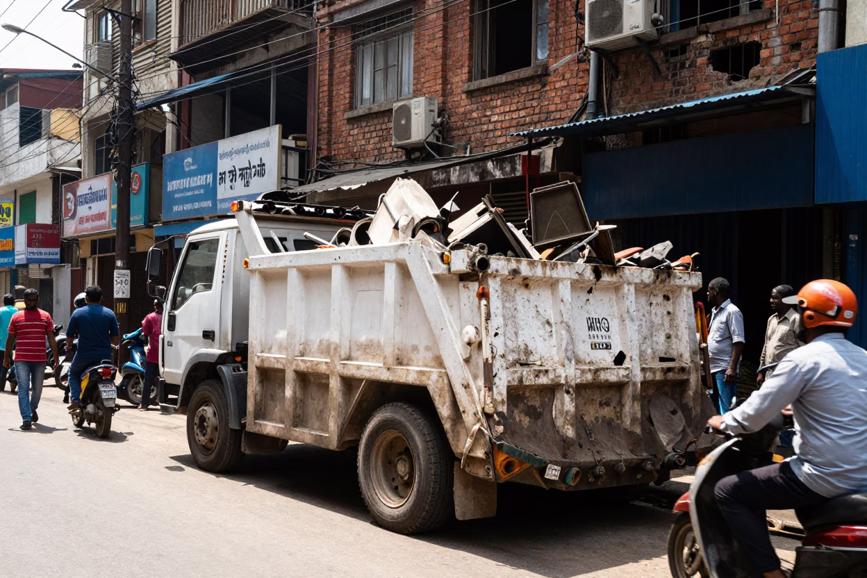 Kolkata India Midday Street Scene with Demolition Dumpster and Local Activity in in Kolkata, India