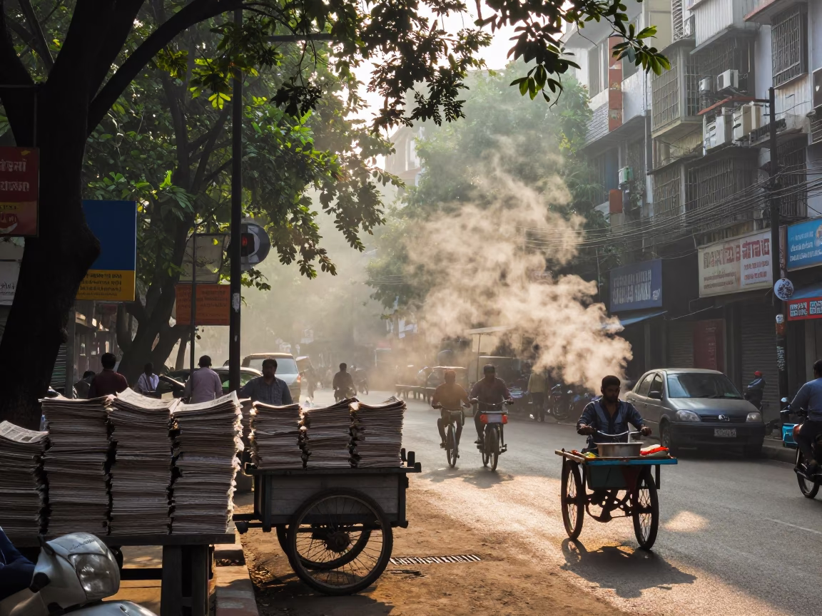 Kolkata India Morning Light Steam Haze Newspaper Stack Local Street Scene in in Kolkata, India