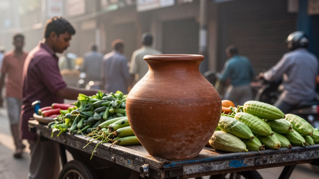 Kolkata India Morning Street Scene with Terracotta Pot and Sun Hat Near Colonial Architecture in in Kolkata, India