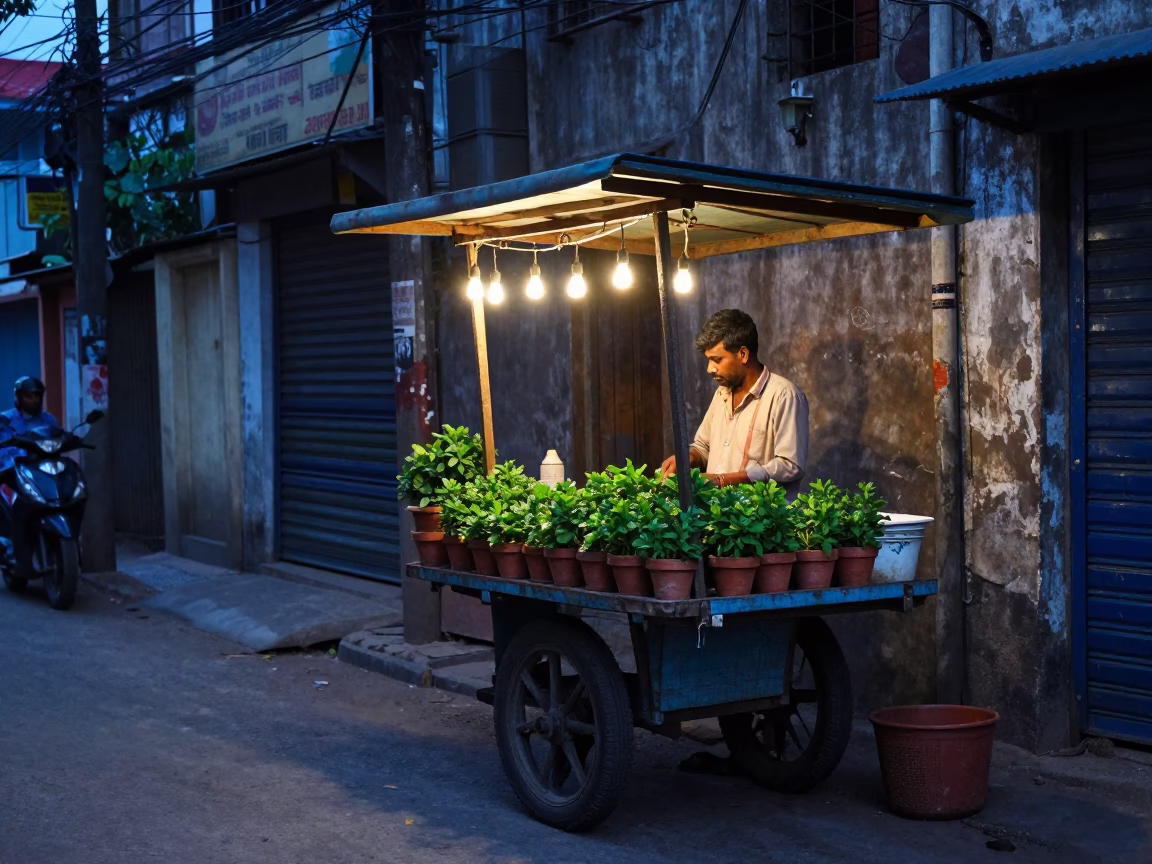 Kolkata India Nautical Dawn Street Scene with Potted Herbs and String Lights in in Kolkata, India