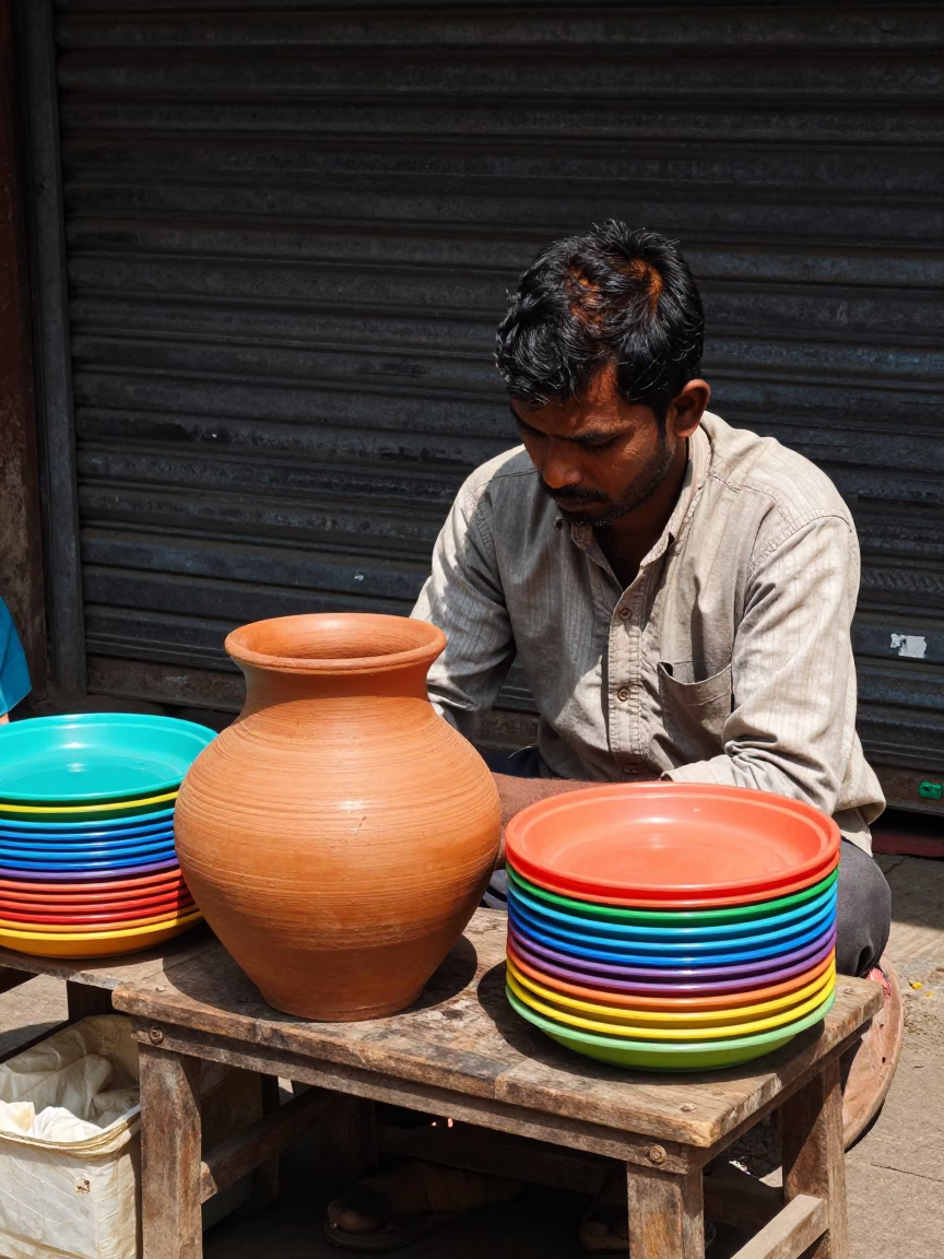 Kolkata India Noon Street Scene with Clay Pot and Varnished Chair in in Kolkata, India
